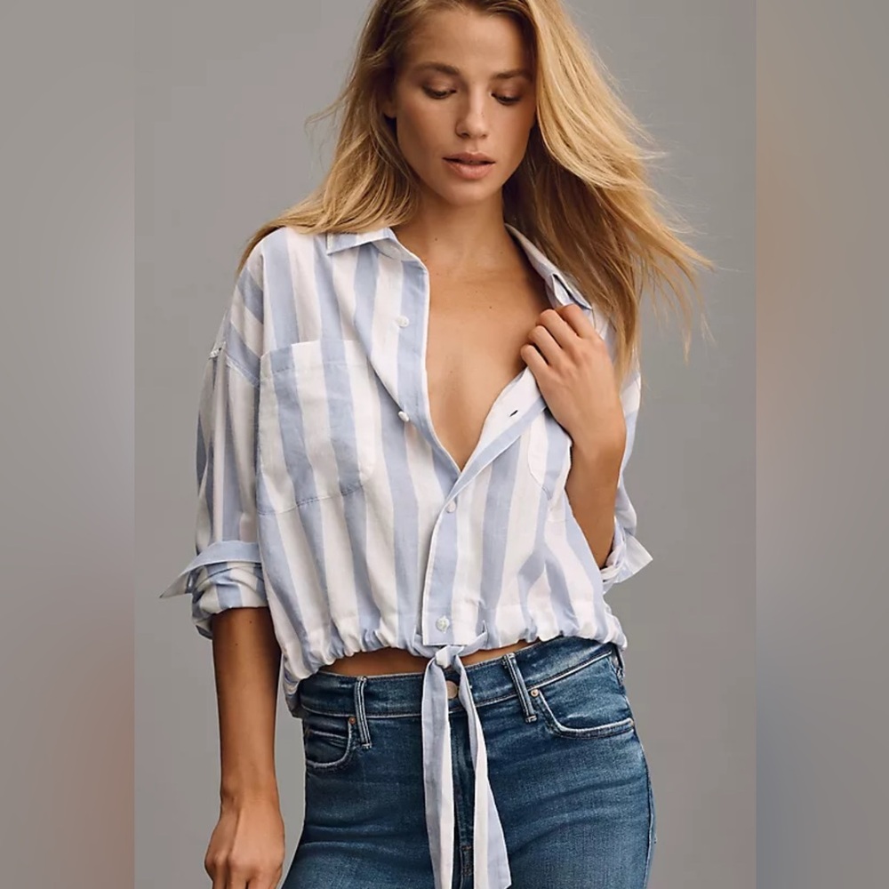 Mother 'The Tied Up In Knots' Blue White Stripe Bow Tied Button Up Shirt Sz L